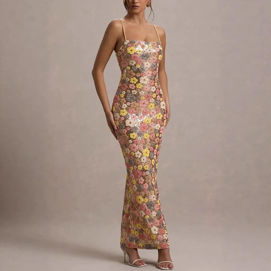 Summ Flowers Sequin Patchwork Slim Party Long Dress Strapless Maxi Dress, Sleeveless Ladies Dress Vestidos