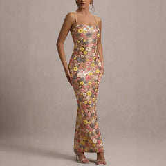 Summ Flowers Sequin Patchwork Slim Party Long Dress Strapless Maxi Dress, Sleeveless Ladies Dress Vestidos