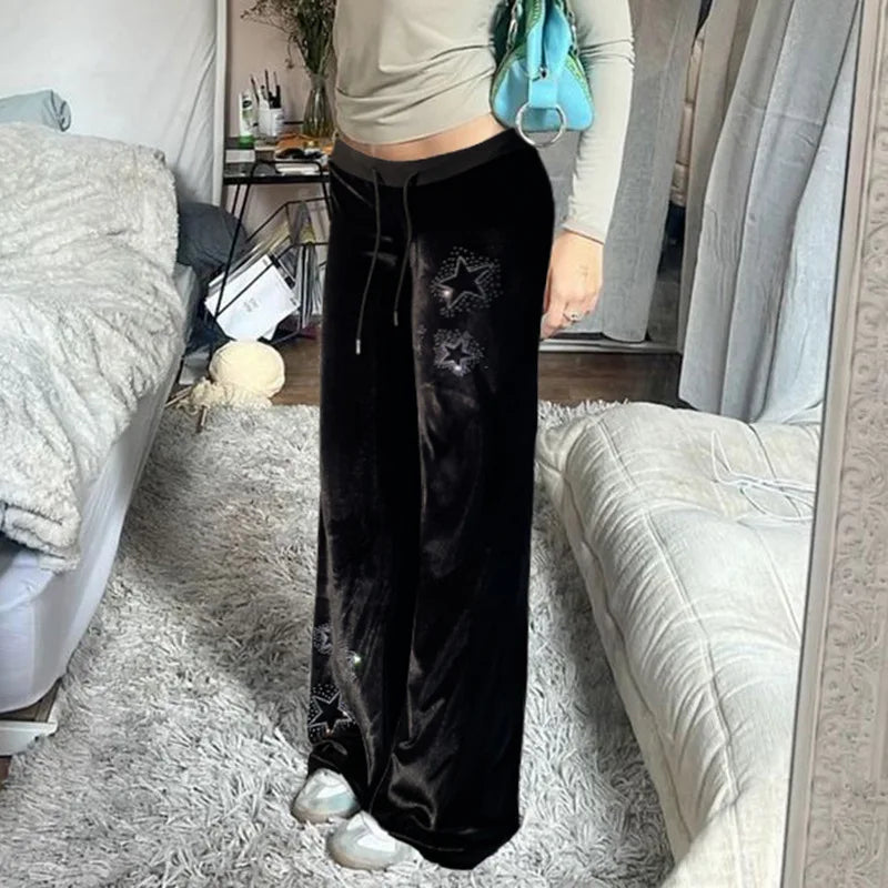 Velvet Pants Goth Dark Y2K Star Diamond Slim Flared Pants Retro Streetwear Low Waist Bellbottom Pants