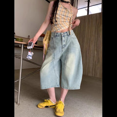 Vintage Style Harajuku Blue Jeans Y2K Punk Street Baggy Denim Trouser Casual Mop Calf Length Pants
