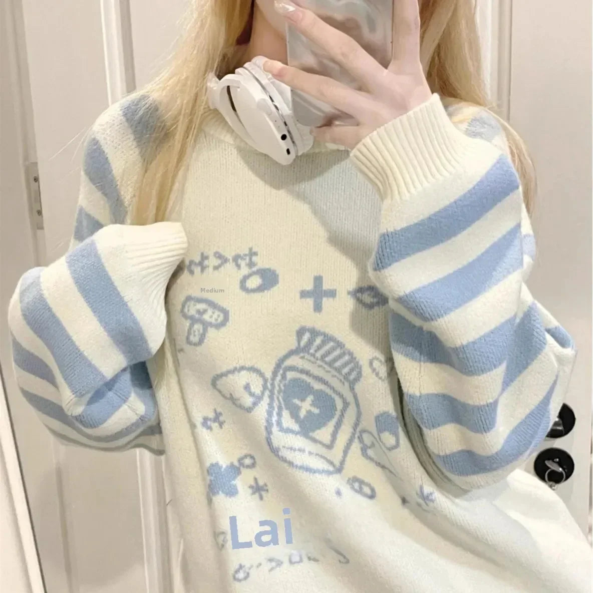 Striped Zipper Y2k Subcultural Long Sleeve Sweater Round Neck Preppy Style Sweet Loose Kawaii Knitted Top