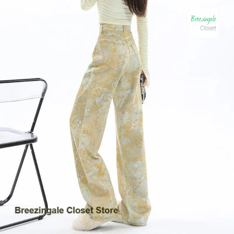 Retro yellow tie-dye printed dopamine jeans temperament high waist design loose Joker wide-leg pants.