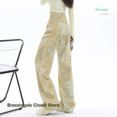 Retro yellow tie-dye printed dopamine jeans temperament high waist design loose Joker wide-leg pants.