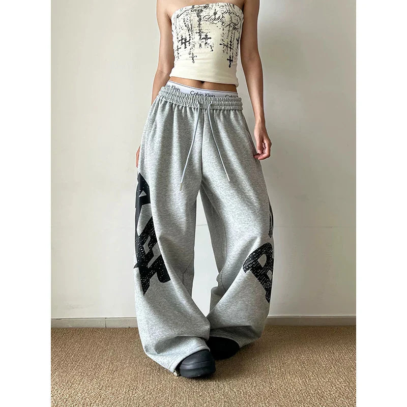 Grey Baggy Wide Leg Sweatpants American Letter Print Pants Harajuku Japanese Vintage Y2k Casual Trouse