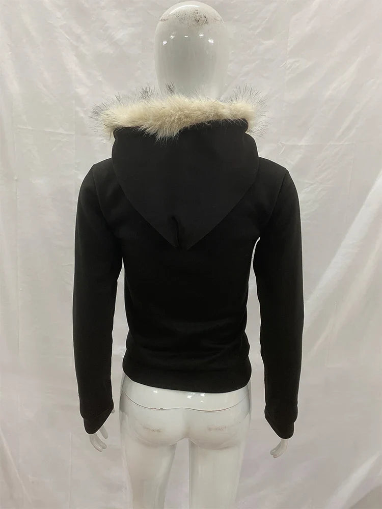 Vintage American Retro White Letter Hoodie Faux Fur Lined Zip Up Sweatshirt Cozy Pullover Streetwear new