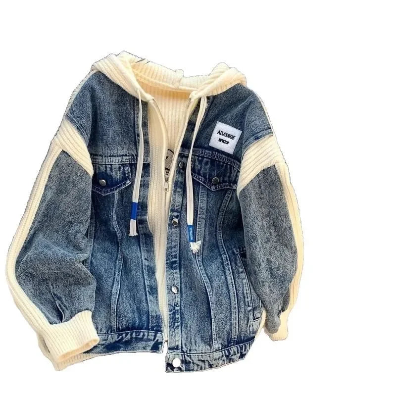 Loose Lazy Style Denim Patchwork Hoodie Outerwear Sweater Jacket Korean Version Casual Coat