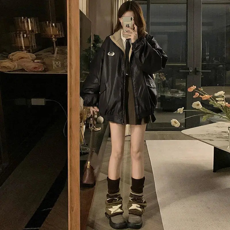 Maillard PU Leather Jacket With Lambswool Coat Both Sides Y2K Velvet Locomotive Cotton-padded Jacket
