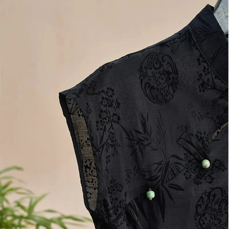 Retro Thin Shirt Chinese Style Cheongsam Top Black Jacquard Short Sleeve T-shirt Mature Clothing
