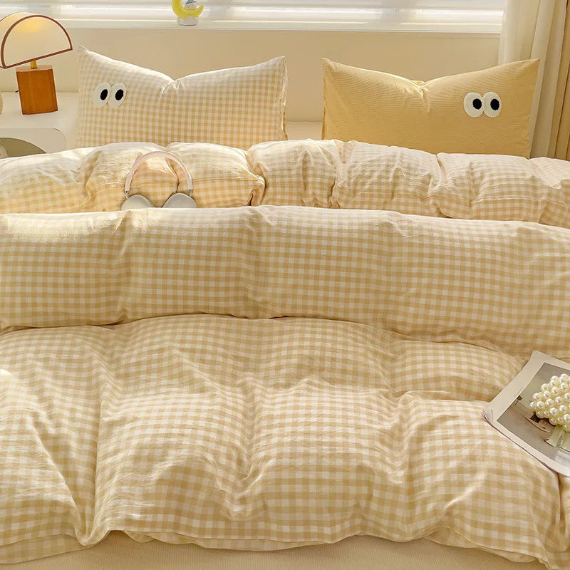 Small Fresh Cream Style Striped Simple Embroidery Big Eyes Four-piece Bed Sheet Quilt Cover Bed Sheet Dormitory Three-piece Set