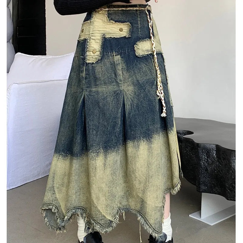 Vintage Cross Fringed Denim Skirt, High Waist A-line Slimming Irregular Mid Length Skirt,