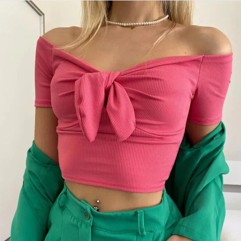Off Shoulder Twist Bow Bare Midriff Short T Shirt Short Sleeves Bottoming Shirt Ladies Tee Shirt Tops Camisetas Mujer