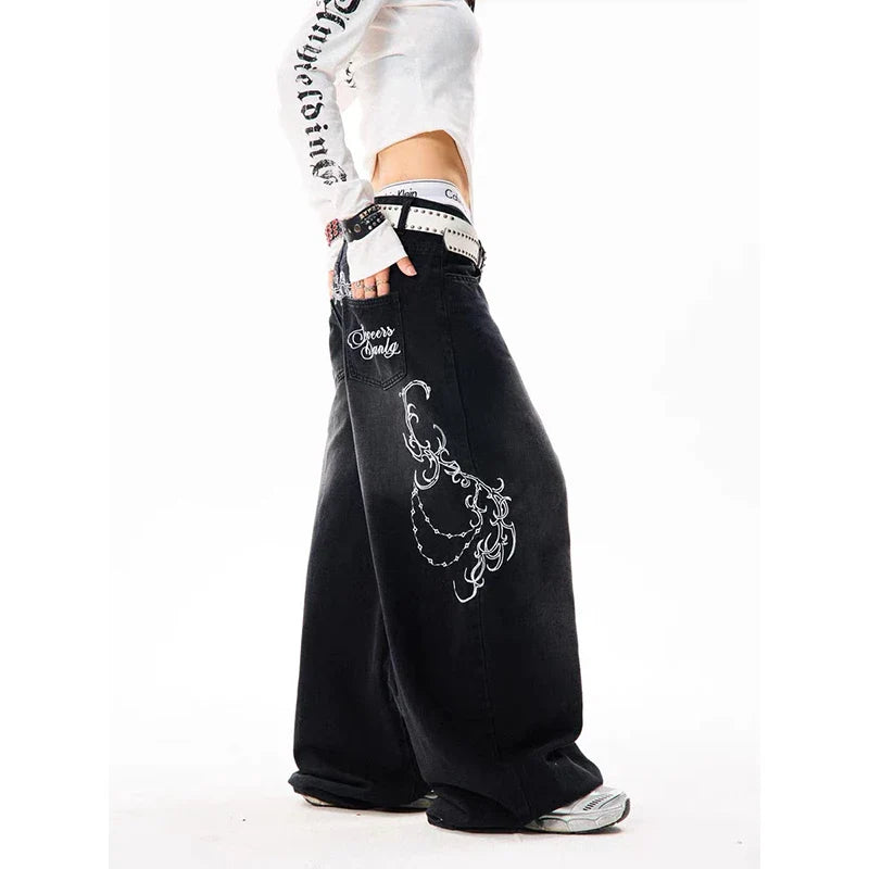 YIBASHU Vintage Embroidery Y2K Baggy Jeans High Waist 2000s Wide Leg Denim Pants American Retro Harajuku Trouser