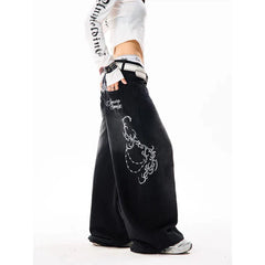 YIBASHU Vintage Embroidery Y2K Baggy Jeans High Waist 2000s Wide Leg Denim Pants American Retro Harajuku Trouser