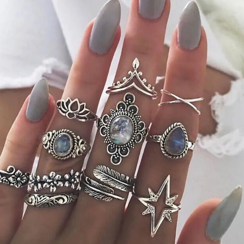 11pcs/set Bohemia Vintage Silver Gothic Aesthatic Vintage Carved Feathers Flowers Leaves Butterfly Ring set