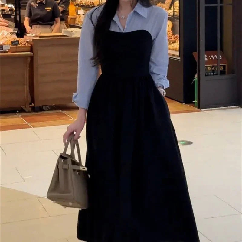 Arrival Two-piece Illusionshirt Black Long Sleeve Dress High-end Feel Matching Set