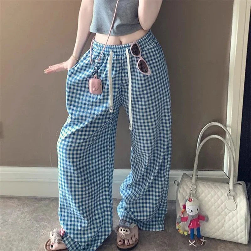 Japanese Striped Thin Wide Leg Pants Loose Lazy Style Casual Pants Y2K Baggy All Match Straight Trousers