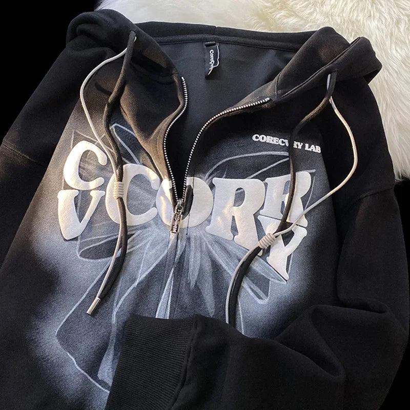 Slimming Effect Oversize Hoodie Loose Fit Printed Bubble Jacket Student Open Cardigan Outerwear Polyester Fiber