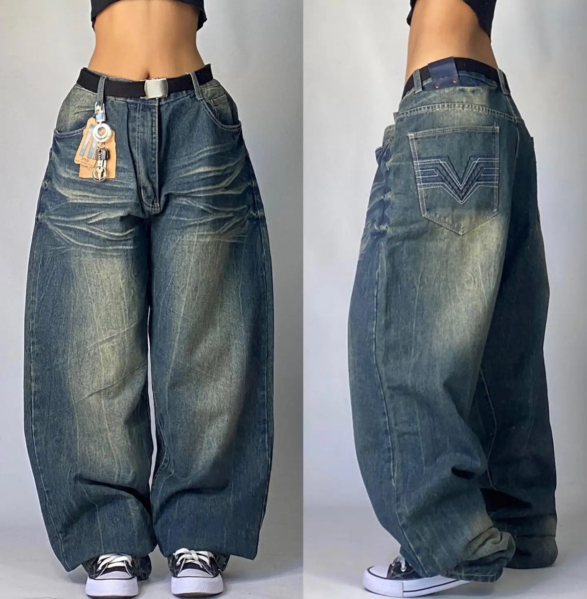 American Letter Embroidery Stitching Old Baggy Jeans Y2K Harajuku High Waist Wide Leg Trousers