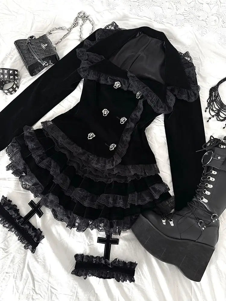 Gothic Palace Style Lace Black 2-piece Set High Street Darkly Slim Patchwork Cross Cake Skirt Suit Y2k Girl Outfits