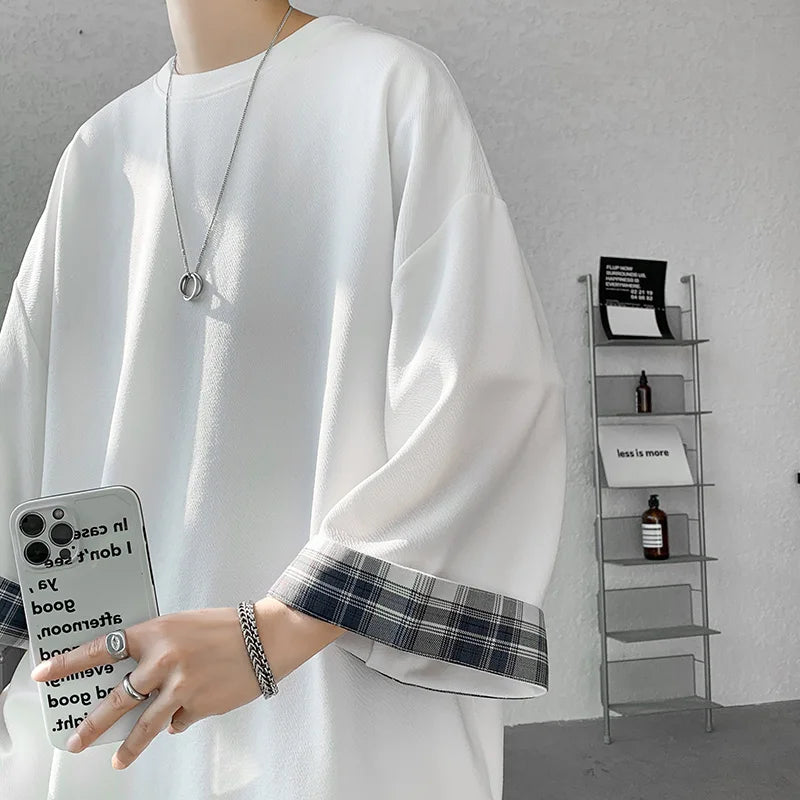 t shirts T-shirts Oversized 2XL Korean Style Loose Plaid T-shirt Casual Seven sleeves T-Shirt Male White
