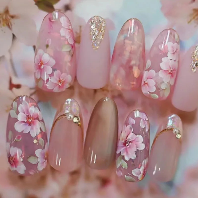 24Pcs Peach Blossom Press on Nails Cat's Eye Nude Glitter False Nail