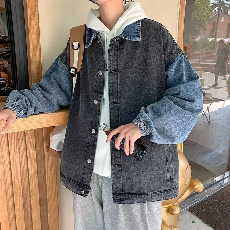 Retro Denim Jacket Design Patchwork Color Block Collar Stand up Loose Fit Casual Trendy Top