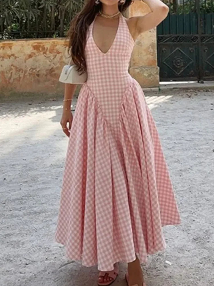 Elegant V-Neck Pleated Long Dresses High Waist French Style V-neck Backless Lace-up Vacation Vestidos