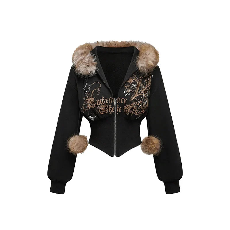 Warm Gothic Print Hoodie Faux Fur Crop Top Zip-Up Sweatshirt Y2K Streetwear Hooded Jacket New