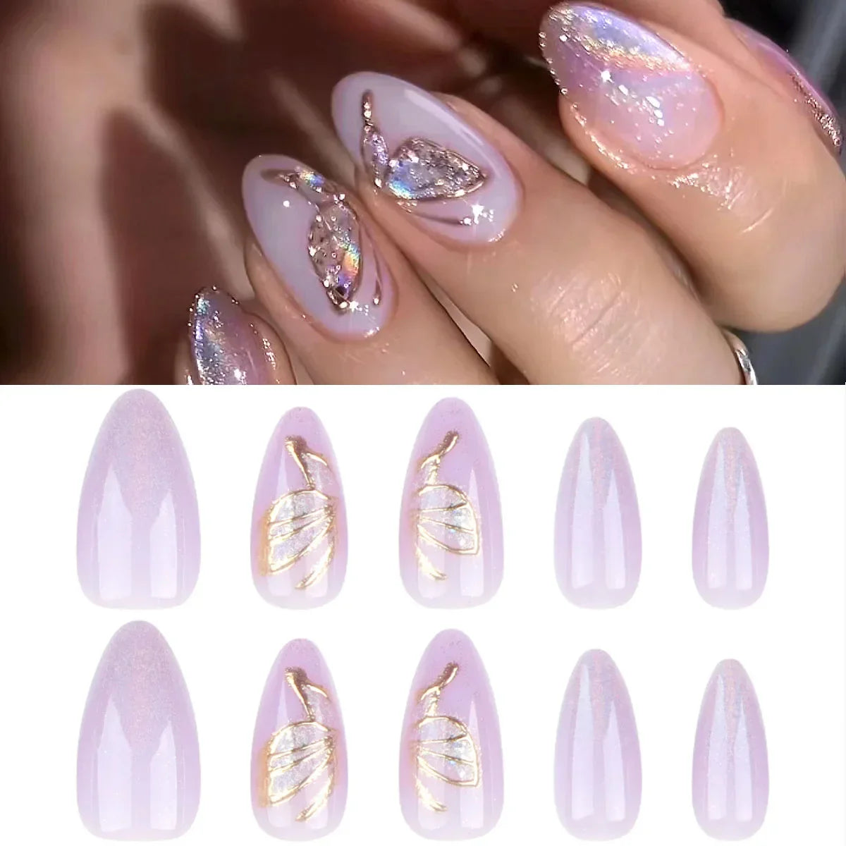 Red Y2K Wearable Nail Art Chic Silver Butterfly Love Metal Bead Almond False Nails Detachable Finished Fake Nails Press on Nails