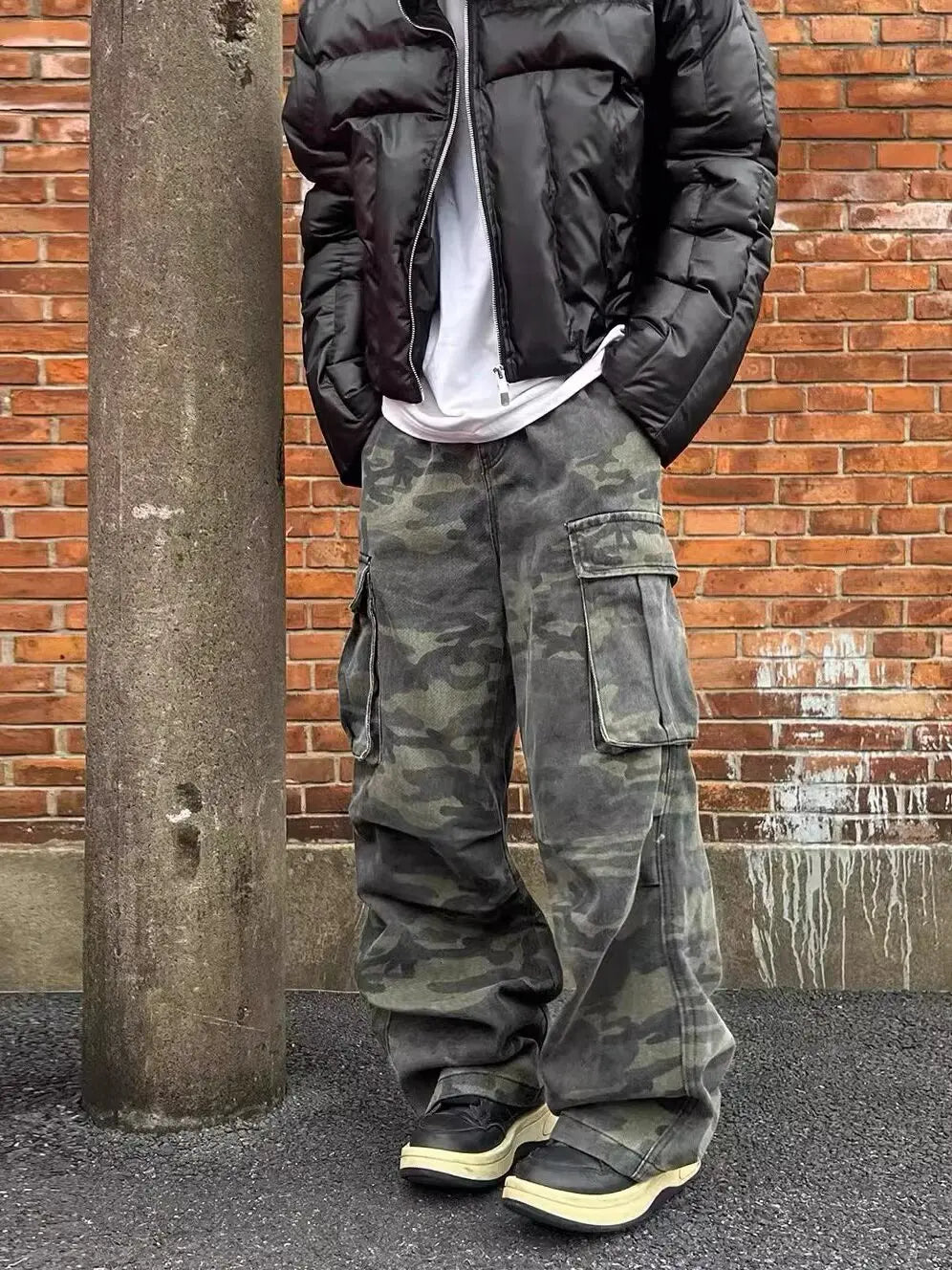 Retro Washed Camouflage Workwear Casual Pants Slim Fit Straight Leg Micro Flared Wide Leg Long Trousers