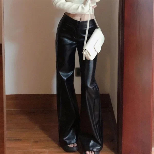 Black Pear-Shaped High-Waisted Plus-Size Wide-Leg PU Leather Pants Bell-Bottom Pants Season