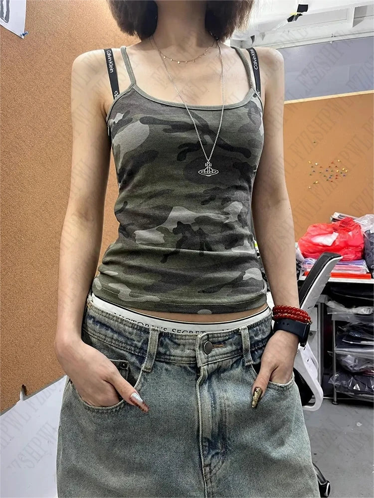 Punk rock harajuku retro camouflage camisole tops chic slim fit hottie crop tops 2000s streetwear