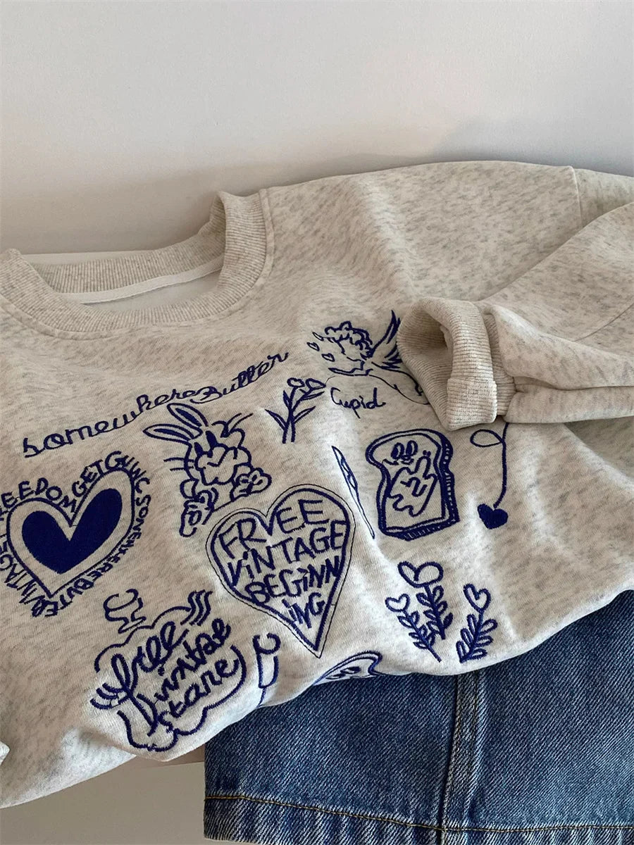 Korean Gray Embroidered Round Neck Short Sweatshirts Long Sleeves Vacation Pullovers Tops Casual Popular
