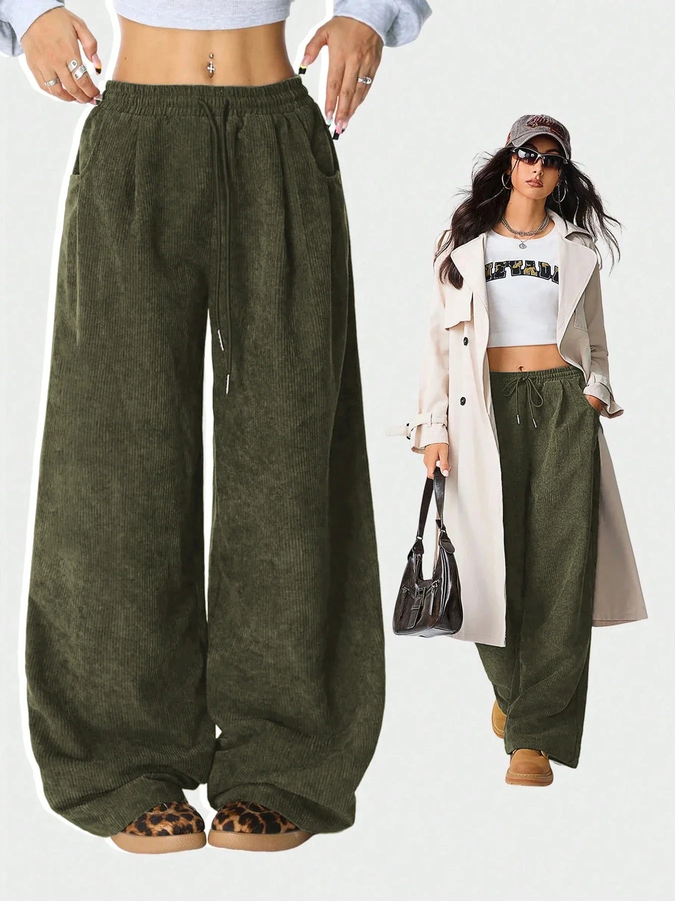 Retro Corduroy Cargo Pants Casual Drawstring Straight Sports Pants Drape Daily Commuting Wide Leg Pants