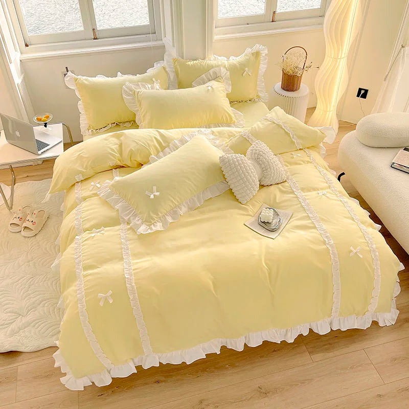 Korean Princess Style Bedding Sets Ins Lace Bowknot Duvet Cover Fitted Sheet