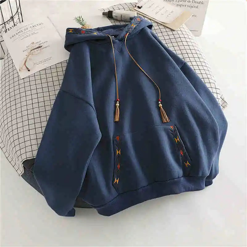 Hoodie Drawstring Tassel Exquisite Embroidery Large Pocket Thick Pullover Artisticable Top Jacket