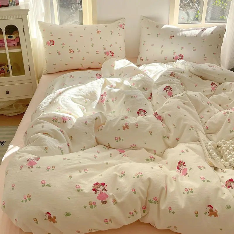 Korean Flowers Bedding Set Kids Twin Full Queen Size Soft Bed Flat Sheet Duvet Cover Set Pillowcases Simple Bed Linen