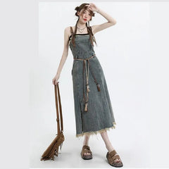 Vintage Denim Skirt Matching Set Elegant Loose Hollow Knitted Shirt+Split Dress Two Piece Suit