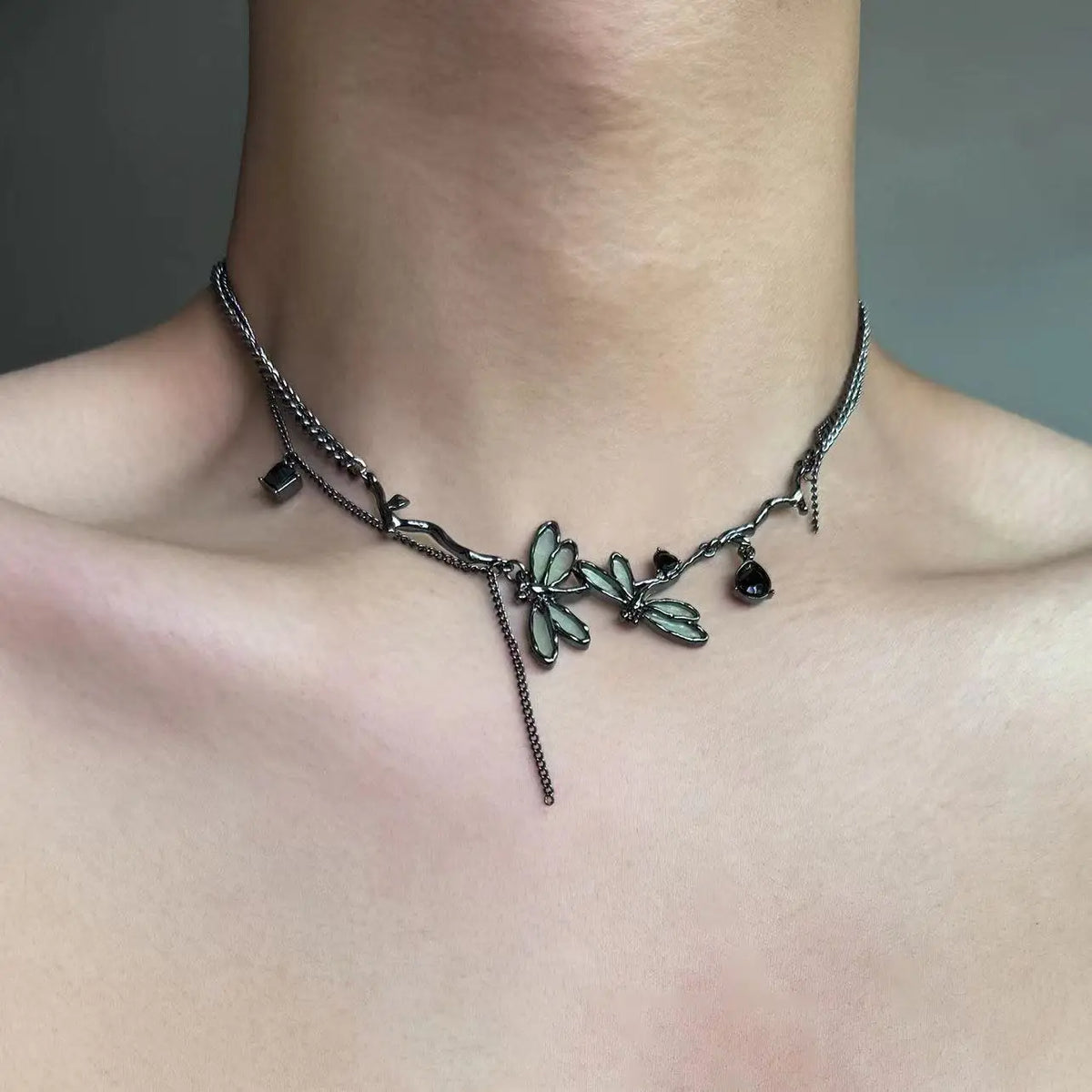 Sweet Cool Gun Black Fantasy Dragonfly Necklace