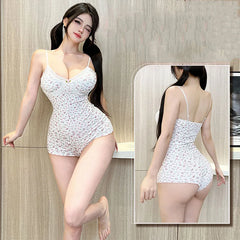 Floral Print Bodysuit Lace Trim Sleeveless Slim Fit Leotard Jumpsuit Romper Underwear Nightwear Lingerie