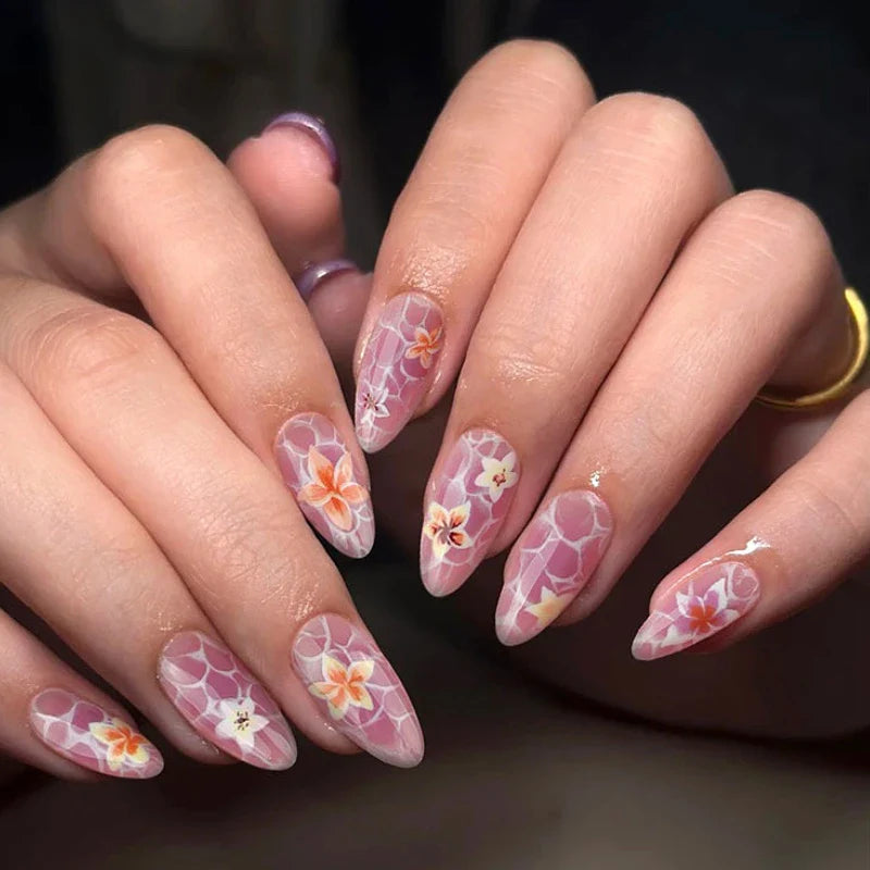 Pink Yellow Halo Dyeing Flower Water Ripple False Nails Leopard Long Pointed Fake Nails Art Press on Nails Charm Manicure