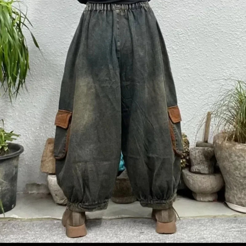 Retro Pocket Harlan Denim Lantern Pants Loose Nine Points Elastic Waist Loose Fit High Waist Jeans Lantern Trousers