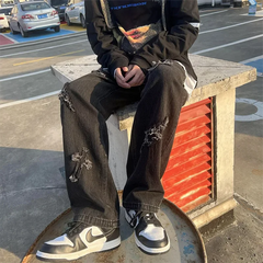 Cross Embroidery Y2k Jeanss Straight Denim Pants Casual Vintage Jeans Versatile Streetwear High Street Pants