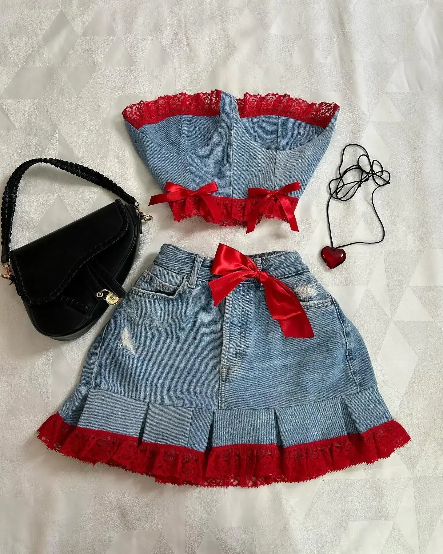 Y2K Black Leather Spliced Denim Two Piece Set Harajuku Zipper Long Sleeved Jacket Pleated Skirt Motorcycle Suit