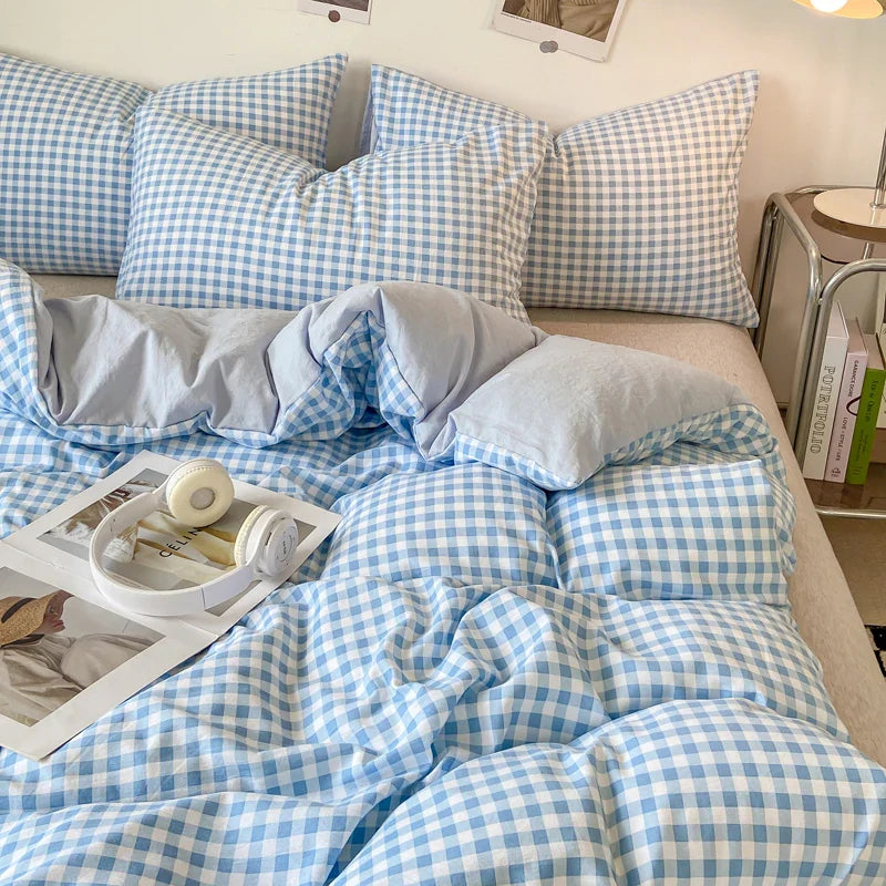 Japanese Style Check Queen Quilt Cover Set 1/3 Pcs Soft Washed Duvet Cover