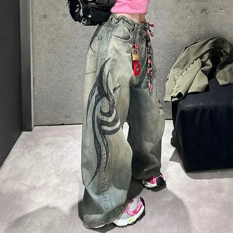 American Gothic Print Blue Wash Jeans Y2K Retro Hip Hop Loose Casual Street High Waist Straight Jeans