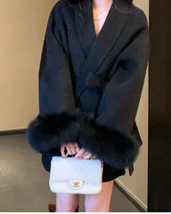 Americanable V-neck Lapel Furry Sleeves Lace-up Long-sleeved Woolen Coat Elegant Lace-up Long-sleeved Wool Coat