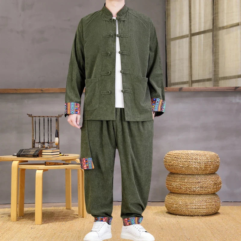 Chinese Style Casual Set Ethnic Two Piece Cotton Comfort Stand Collar Jacket Retro Frog Buttons Cuff Ethnic Print Loose Fit