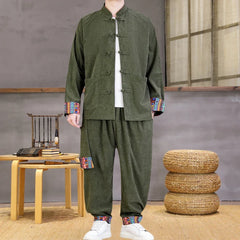 Chinese Style Casual Set Ethnic Two Piece Cotton Comfort Stand Collar Jacket Retro Frog Buttons Cuff Ethnic Print Loose Fit