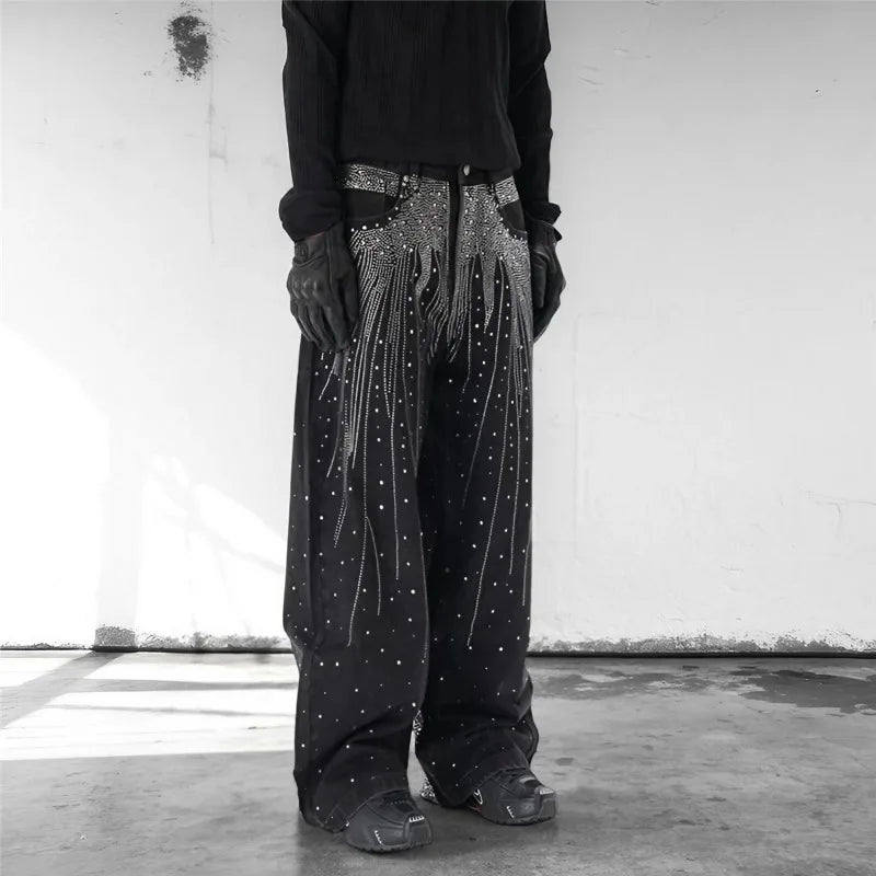 High Street Denim Pants Retro Full Diamond Stamping Hip-hop Loose Straight Leg Wide Leg Streetwear Jeans